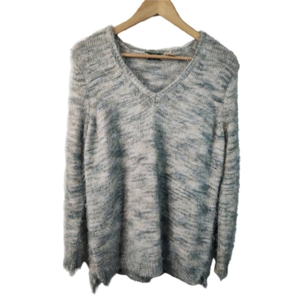 Vintage Pastel Eyelash Knit V-Neck Soft Sweater Blue Medium